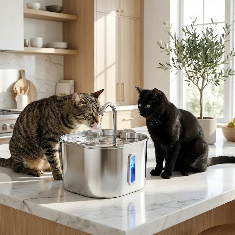 Close detail of the PurrWell stainless steel fountain